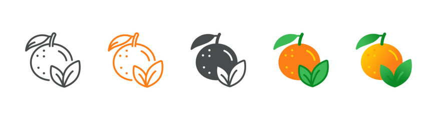 Orange Citrus with Leaves Icon Set: Whole Fruits with Two Leaves in Flat, Filled and Gradient Styles
