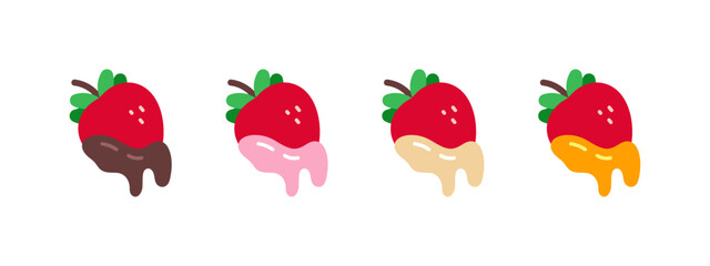 Isolated Dipped Strawberry Icon Set: Fresh Strawberries Coated in Chocolate, Strawberry Cream, Vanilla Frosting and Caramel Syrup
