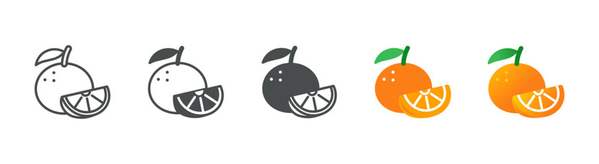 Orange Fruit with Slice Icon Set: Whole Citrus and Wedge Segments in Flat, Filled and Gradient Styles
