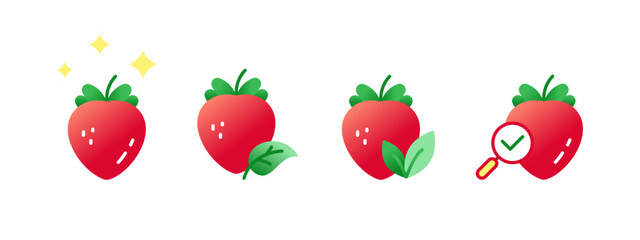 Fresh Strawberry Icon Set: Shiny Berry, Leaves Variations and Quality Check Isolated Strawberry Icons Collection.