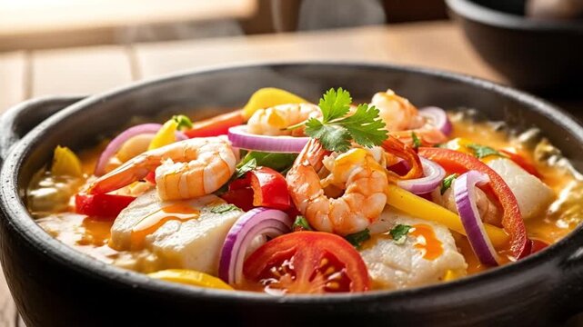 Close-up of Traditional Brazilian Moqueca Stew in Clay Pot