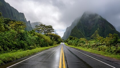 a wet asphalt road with yellow lines stretches into dense tropical greenery and dramatic mist covered mountains in hawaii after rainfall