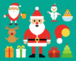 Cute christmas characters and gifts on teal background