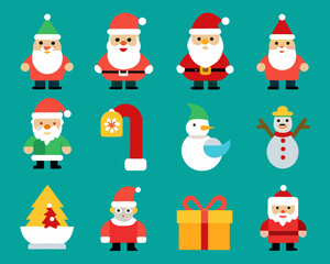 Collection of cute flat christmas characters and objects