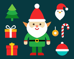 Cute christmas elf and holiday icons collection
