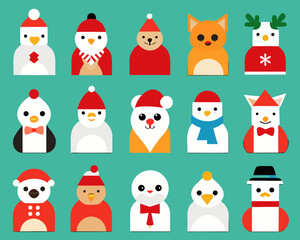 Cute christmas animals and characters in festive attire