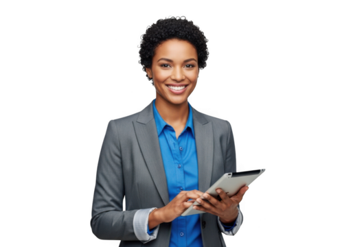 Professional african american businesswoman holding tablet smiling confidently stock photo portrait isolated on transparent background
