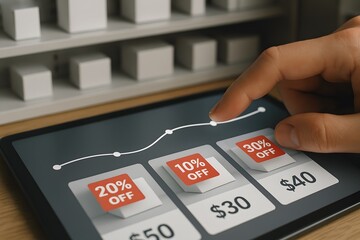 Obraz premium Hand interacting with tablet showing various discount coupons. 