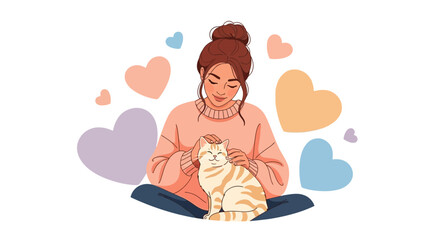 Loving Moment With Pet Cat And Pastel Hearts: An Animated Illustration of Affection
