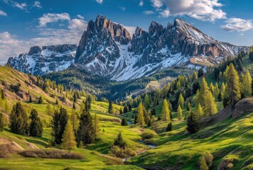 Fototapeta premium Lush valley view winding towards jagged, snowy peaks under a vibrant blue sky dotted with fluffy clouds