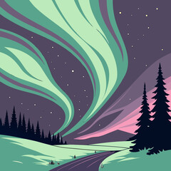 Stylized illustration of a vibrant aurora borealis dancing over a dark forest and snowy landscape