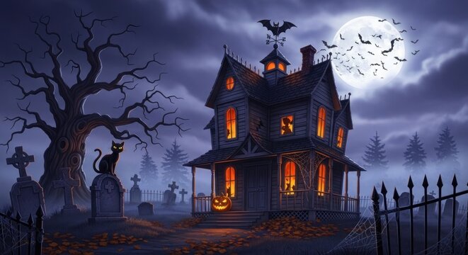 Spooky haunted house with graveyard and black cat under a full moon night - Powered by Adobe