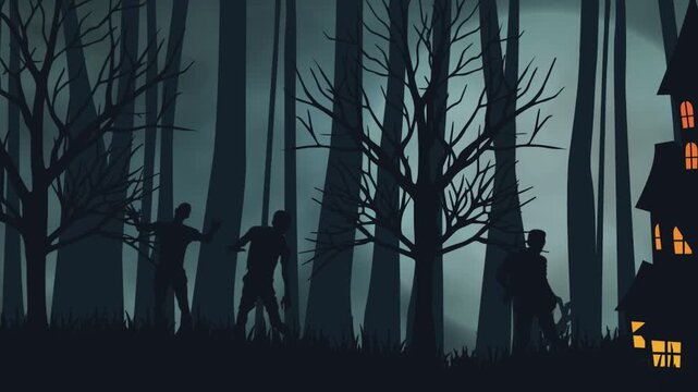 Halloween Scene; Haunted house in the middle of the forest with lots of zombies