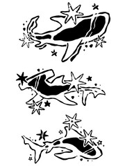 Edgy whale shark and stars tattoo design
