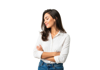 Fototapeta premium Confident brunette woman with arms crossed in white shirt and jeans looking downward stock photo isolated on transparent background