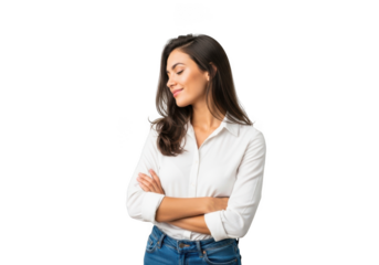 Confident brunette woman with arms crossed in white shirt and jeans looking downward stock photo isolated on transparent background