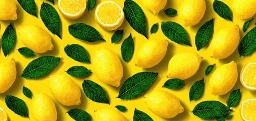 Pattern of whole and halved lemons, with vibrant green leaves, scattered across a bright yellow backdrop, offering a refreshing summery vibe
