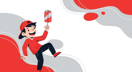 Joyful Boy Balancing A Beverage Can With Abstract Background Artwork Illustration
