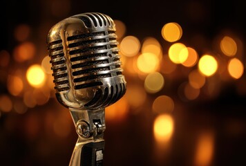 Shimmering vintage microphone gleams against a blurred backdrop of warm, golden bokeh lights, evoking a nostalgic ambiance of performance and artistry