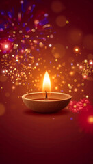 Diwali -Close-up of colorful, intricately painted diyas with flickering flames casting warm golden light, highlighted by soft bokeh and shallow focus, celebrating Diwali’s spirit of light