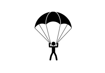 A black and white graphic shows a stick figure parachuting with a round parachute