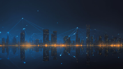 Twilight in the Smart digital Innovation city with connection network reciprocity over the cityscape. of future smart wireless digital city and social media networking systems that connects people