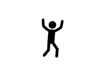 A black stick figure with arms raised and legs bent depicted on a white background