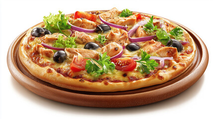 Delicious pizza with chicken and vegetables isolated on white background