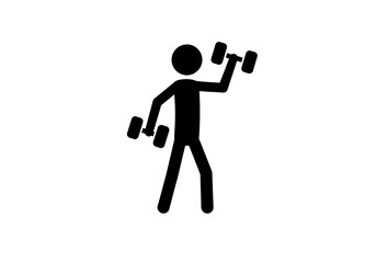 A stick figure is shown lifting dumbbells one arm raised one lowered