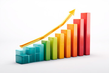 Colorful bar graph with upward trending arrow isolated on white background