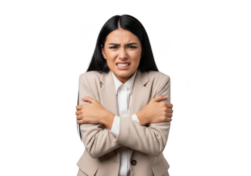 Freezing businesswoman shivering from cold weather feeling uncomfortable in suit, experiencing chills and discomfort, isolated on transparent background