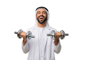 Smiling arab man in traditional clothing lifting dumbbells, fitness and exercise concept, gym workout, isolated on transparent background