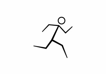 A stick figure runs The black line figure is midstride against a white background