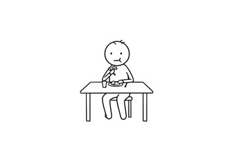 A stick figure sits at a table eating from a plate