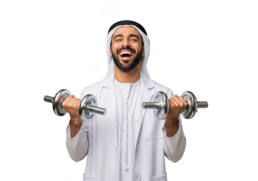 Smiling arab man in traditional clothing lifting dumbbells, fitness and exercise concept, gym workout, isolated on transparent background