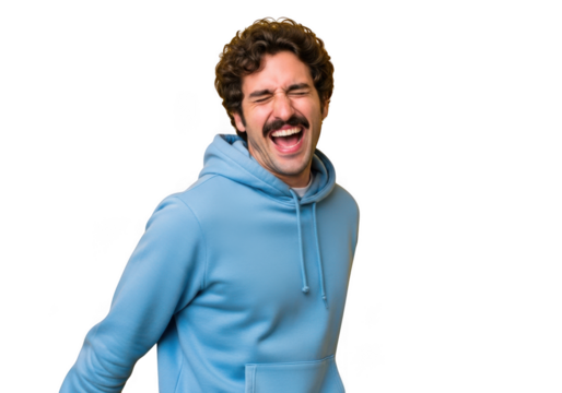 Laughing man with moustache in blue hoodie png image cutout, joyful expression, happy model, funny face, isolated on transparent background