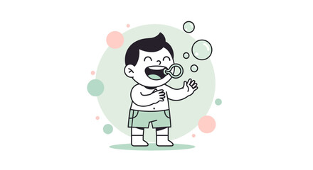 Joyful Child Blowing Bubbles Playing Outside Under a Serene Light Green Circle.