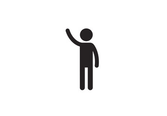 Black stick figure waving with one arm raised standing tall against a white background