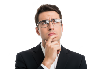 Pensive businessman in suit and glasses thinking deeply looking upward stock photo portrait isolated on transparent background