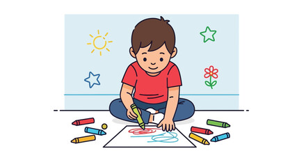 Joyful Child Creating Vivid Artwork With Colorful Crayons And Drawing In A Relaxing Setting