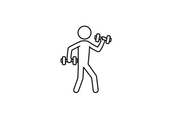 Line drawing depicts a figure lifting dumbbells showcasing exercise activity