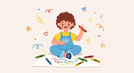 Joyful Child Drawing With Colorful Crayons, Expressing Creative Imagination And Happiness Fully