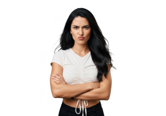 Annoyed woman with arms crossed looking upset, frustrated, and displeased, wearing a white top isolated on transparent background