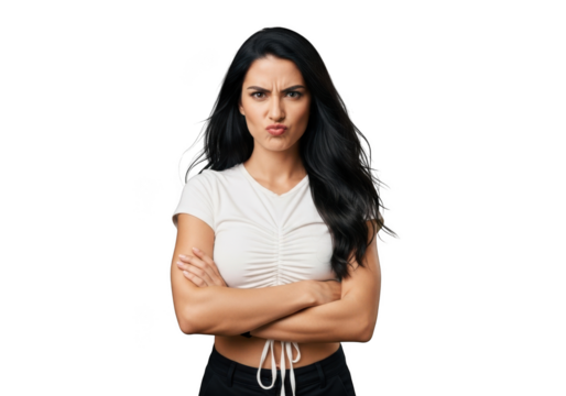 Annoyed woman with arms crossed looking upset, frustrated, and displeased, wearing a white top isolated on transparent background - Powered by Adobe