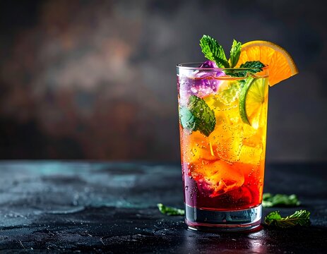 Colorful layered cocktail with ice and fruit garnish