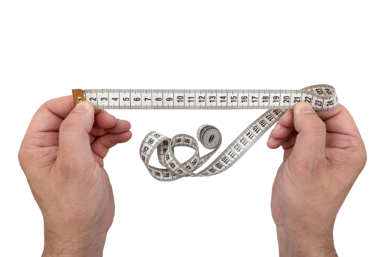 Hands holding a tape measure for measurements on a white background. Roulette isolate