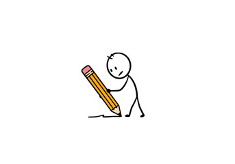 Stick figure drawing with yellow pencil making a line on blank background