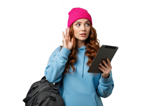 Curious redhead woman with tablet wearing pink beanie and blue hoodie looking away isolated on transparent background - Powered by Adobe