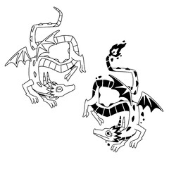 Stylized fantasy dragon in outline and solid form