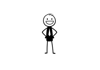 Stick figure in black ink oval head big grin spiky hair tie hands on hips straight legs